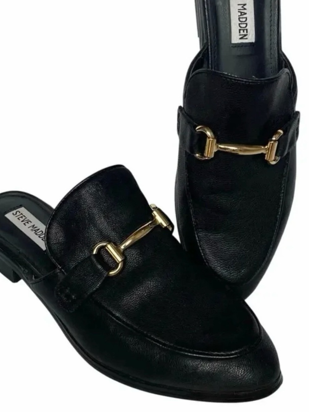 Steve Madden Black Leather Mule Loafers with Gold Horsebit
